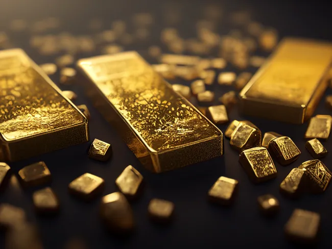 three gold bars and gold bits